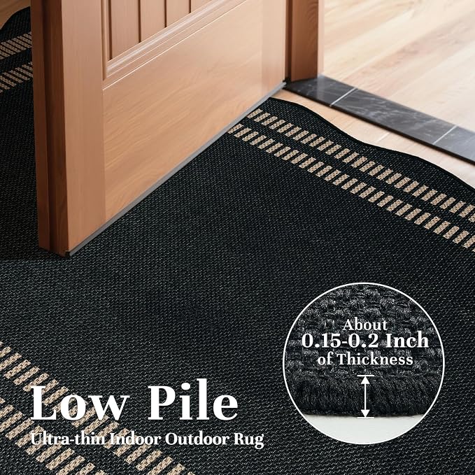 EDIMENS Easy Jute Rug Entryway Rug, 2x3 Front Door Mat Small Entryway Non-Slip Washable Area Rug, Low Pile Black Indoor Outdoor Farmhouse Scalloped Doormat for Entrance Entry Porch Doorway