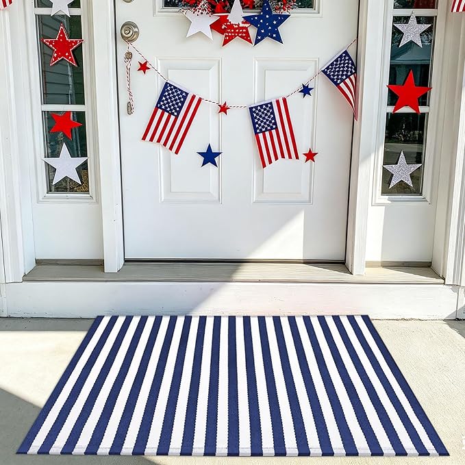 CAINANEL Blue and White Striped Rug 4th of July Door Mat Summer Front Porch Rug Independence Day Welcome Doormats for Farmhouse Entrance Porch Outdoors Decor(Blue and White, 24'' x 35'')
