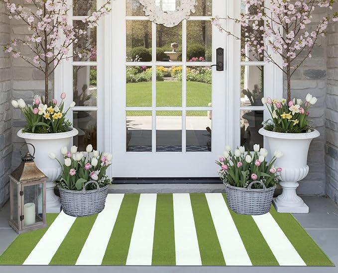 Front Porch Rug 24"x51",Green and White Striped Outdoor Rug Layered Doormat Cotton Woven Washable Indoor Outdoor Farmhouse Small Area Rug for Porch/Entryway/Home Entrance Decor