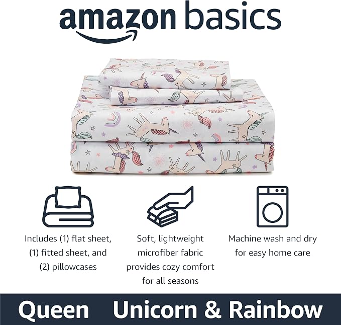 Amazon Basics Kid's Soft Easy-Wash Microfiber 4-Piece Sheet Set with Pillowcases, Cozy Comfort, Machine Wash, Queen, Unicorn and Rainbow