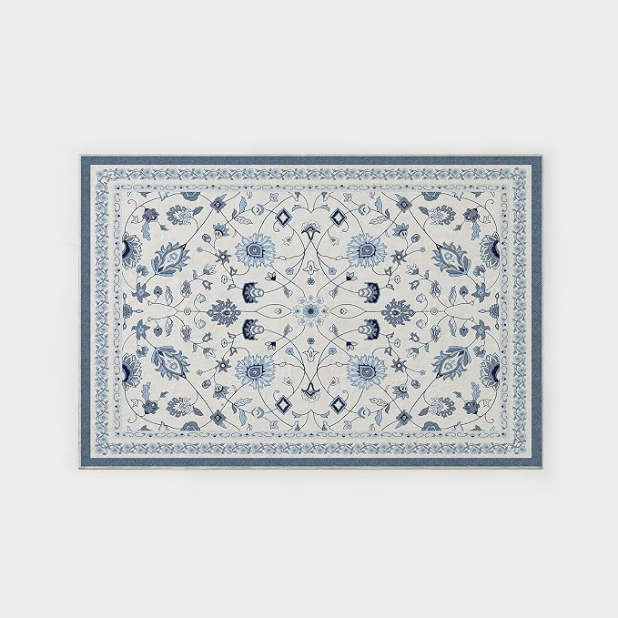 EVERGRACE Area Rugs for Living Room 4x6, Boho Floral Faux Wool Indoor Outdoor Rugs, Washable Rugs for Bedroom Entryway Dining Room Hallyway, Low Pile Floor Mat Carpet for Home Decor, Porcelain Blue