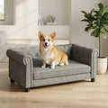 38.9" Upholstery Elevated Dog Sofa with Button‑Tufted Backrest & Rolled Armrests, Pet Couch Bed with Removable Soft Cushion, Comfy Modern Deep Seat Raised Dog Bed for Living Room, Bedroom, Light Grey