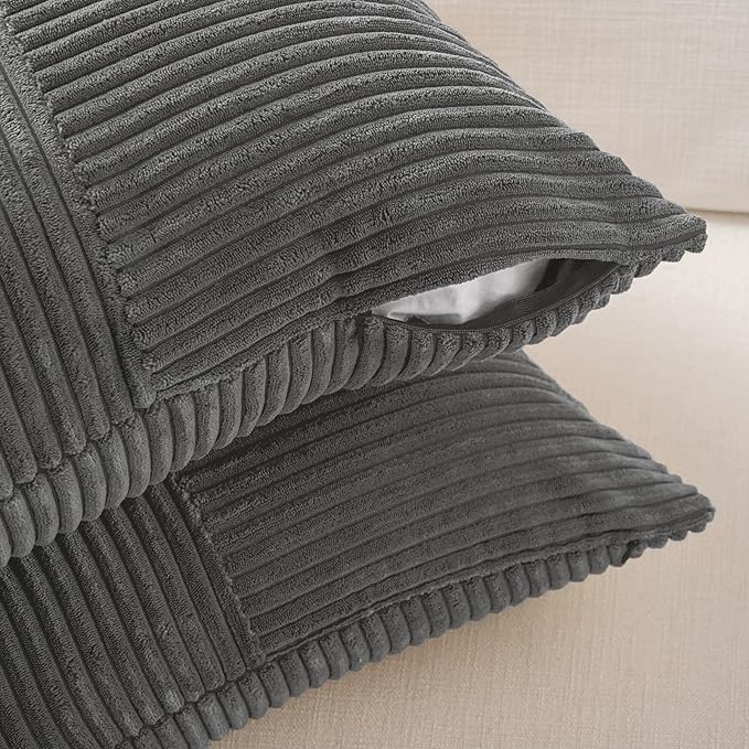 Fancy Homi 2 Packs Dark Gray Lumbar Decorative Throw Pillow Covers 20x28 Inch for Living Room Couch Bed Sofa, Farmhouse Home Decor, Soft Striped Corduroy Rectangle Accent Cushion Case 50x70 cm
