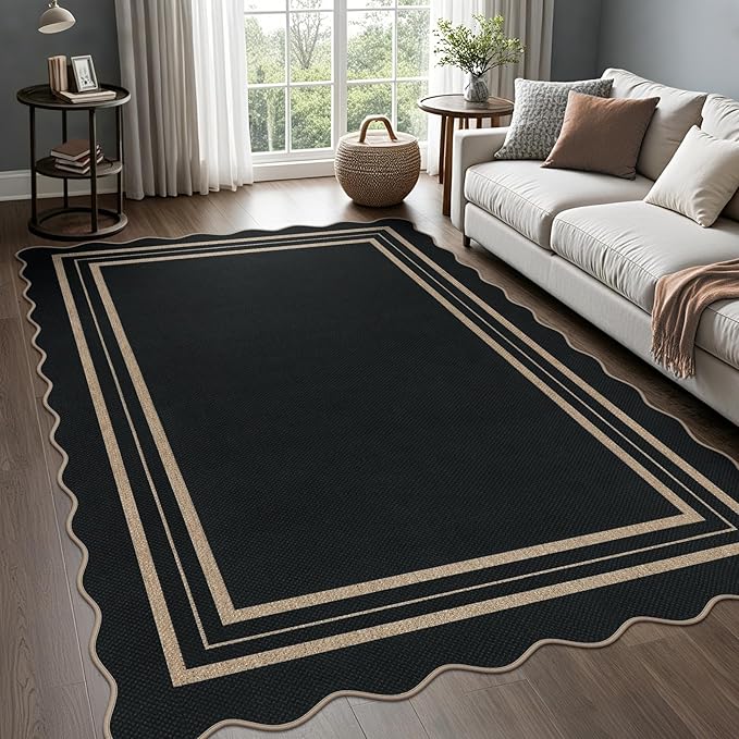 Scalloped 5x7 Rug for Living Room, Easy Jute Washable Outdoor Patio Carpet, Farmhouse Indoor Black Geometric Rug Neutral Non Slip Carpet for Living Room Backyard