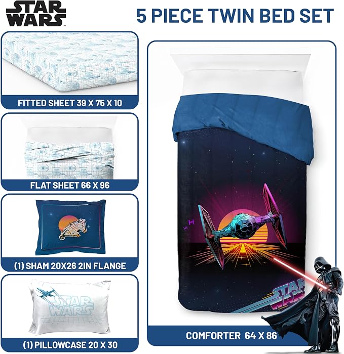 Jay Franco Star Wars Twin Comforter Set 5 Piece Soft Bedding for Boys, Blue | Bed in a Bag, Comforter Sheets Sham Pillowcase, Official Product, Soft Microfiber, Machine Washable, Easy Care, Boys Gift