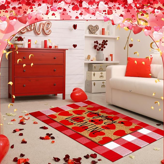 Moucuny 2 Pcs Valentine's Day Coir Welcome Doormat Valentine's Day Rug Outdoor Layered Buffalo Plaid Red and White Mat Red Heart Mat for Front Porch Outdoor Entryway
