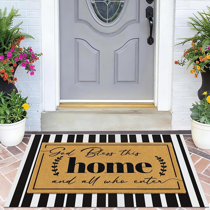 2 Pcs Coir Door Mat Welcome Mats for Front Door Black White Striped Layering Rug for Porch Outdoor Entrance Doormats Non Slip God Bless Matt for Religious Gifts Christian Rugs for Patio 23.6"x35.4"