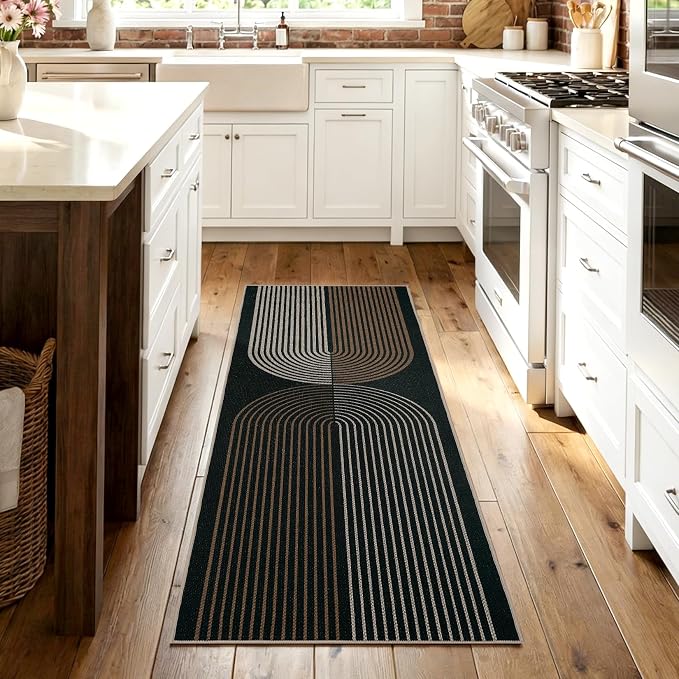 COZYLOOM 2x6 Striped Entryway Rugs Indoor Washable Easy Jute Runner Rug with Non Slip Backing, Non Shedding Stain Resistant Rainbow Carpet Foldable Thin Mats for Kitchen, Bedroom, Patio, Black Brown