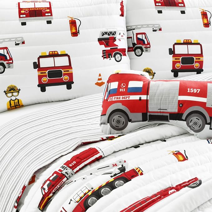 Lush Decor Fire Truck Quilt 4 Piece Set, Full/ Queen, Red & White - Reversible Stripe Print Bedding Set for Kids Room
