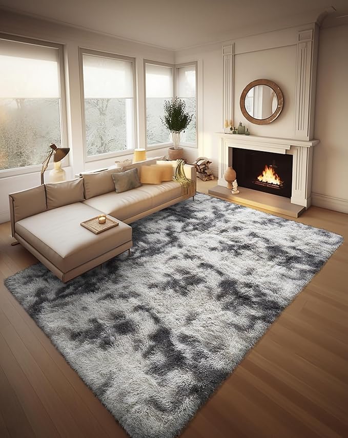 Ophanie Tie-Dyed Grey&White 8x10 Area Rugs for Living Room, Large Shag Bedroom Carpet, Big Indoor Thick Soft Nursery Rug, Fluffy Carpets for Boy and Girls Room Dorm Home Decor Aesthetic