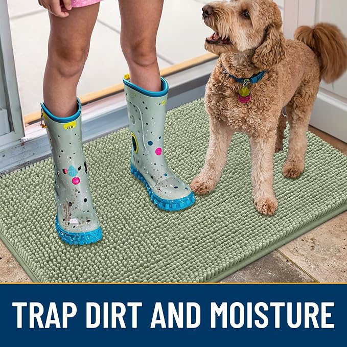 Smiry Dog Door Mat for Muddy Paws 24x16, Absorbent Dirt Trapper, Non-Slip Washable Chenille Entryway Rug for Inside Floor, Sage Green, Classic Solid