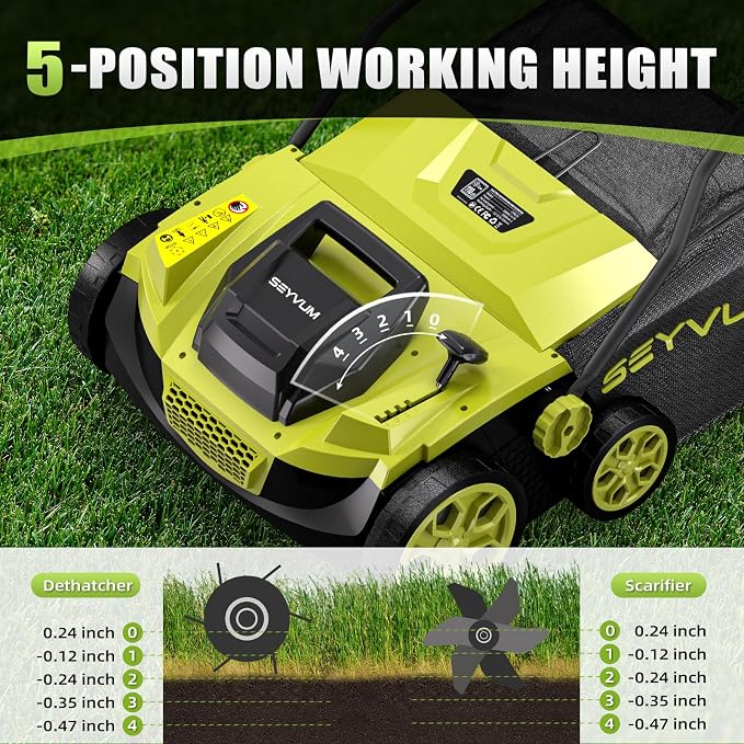 SEYVUM 15 Amp 15 inch Electric Dethatcher and Scarifier, 40L Collection Bag | Corded Lawn Dethatcher, 5-Position Working Height, Green