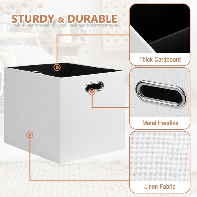Posprica 13x15x13in Collapsible Storage Bins, Fabric Foldable Cube Storage Boxes, Decorative Storage Baskets Organizer for IKEA Kallax, Shelves, Closet, Clothes, Set of 4-White
