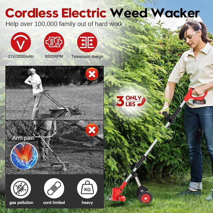 Electric Weed Wacker Cordless with Wheel, 4 in 1 Weed Eater Battery Powered Brush Cutter String Trimmer Edger, 4000mAh Stringless Weed Trimmer Lightweight Grass Trimmer Mower, 2 Battery and Charegr