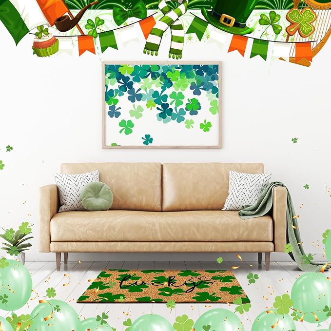 Ceenna St. Patrick's Day Coir Doormat Outdoor Shamrock Lucky Welcome Door Mat Green Clover Non-Slip Rug St. Patrick's Day Front Door Porch Entryway Decor for Indoor Outdoor Home Bathroom Decor