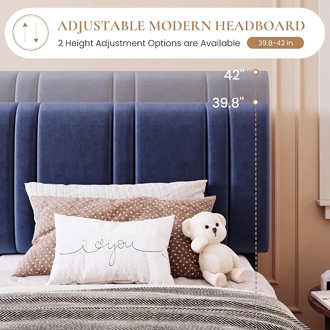 SHA CERLIN Twin Size Velvet Bed Frame with Adjustable Headboard, Blue | Vertical Channel Tufted Design, Upholstered Platform Bed, Wood Slats Support/No Box Spring Needed/Easy Assembly