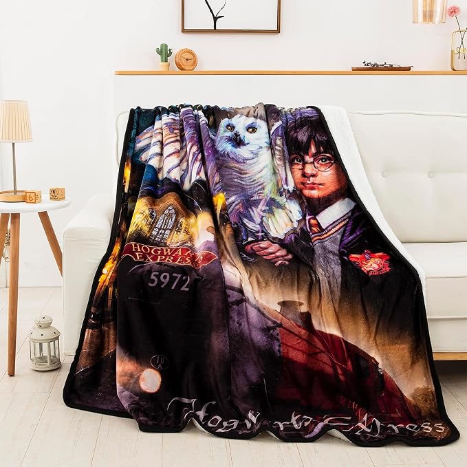 Northwest Harry Potter Silk Touch Sherpa Throw Blanket, Soft Fleece Cover, Cozy Couch Blanket 60" x 80", Potter Magic Montage