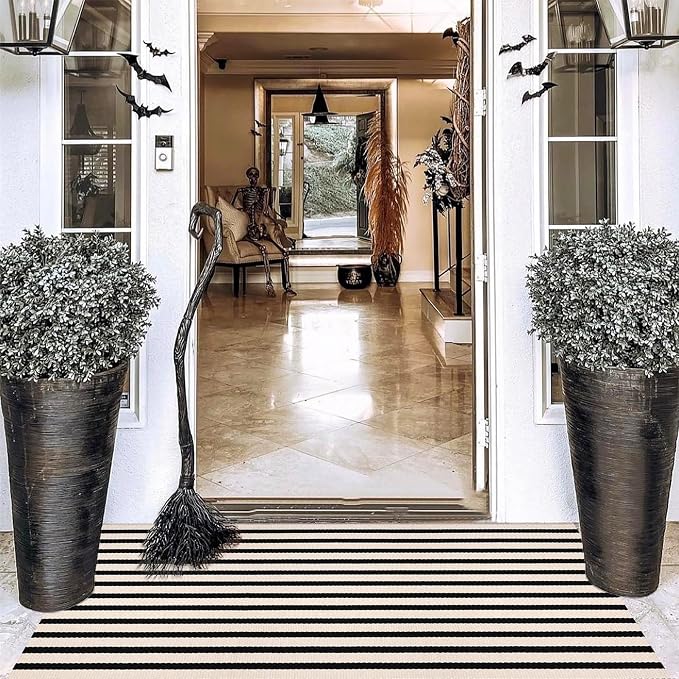 Black and White Striped Rugs, 3'x5' Area Rug Washable Indoor Outdoor Rug Front Porch Doormat Cotton Hand-Woven Farmhouse Layered Double Door Mats for Front Porch, Patio, Entryway, Laundry Room