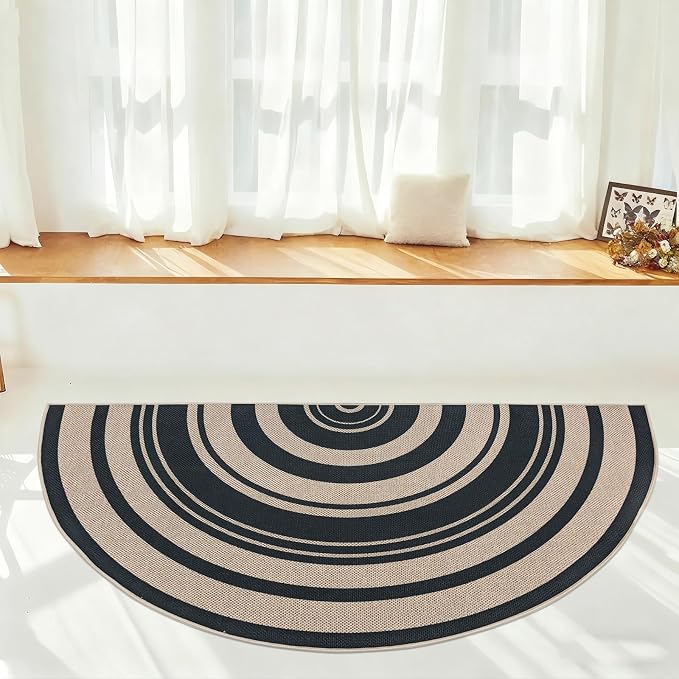 Easy Jute Rug 2.6x5Ft Half Round Rainbow Carpet for Farmhouse Bedroom Entrance, Non-Slip Half Circle Thin Neutral Floor Mat for Living Room Patio Kids Room Kitchen, Indoor Outdoor, Black 1