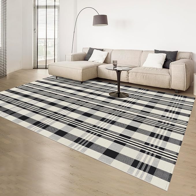 Buffalo Plaid Rug 6x9 Feet Cotton Woven Black and Off White Checkered Buffalo Check Area Rug Washable Indoor Outdoor Carpet for Living Room Bedroom Dining Room Patio Farmhouse