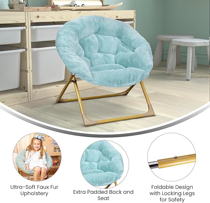 Flash Furniture Kids 23 Inch Folding Saucer Chair, Dusty Aqua | Soft Gold Frame, Portable