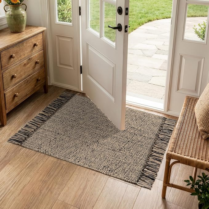 Collive Small Bathroom Rug 2' x 3', Modern Farmhouse Kitchen Rugs Hand Woven Washable Entryway Rugs, Natural/Black Boho Low Profile Front Door Mat Braided Carpet for Back Porch Bedroom Decor