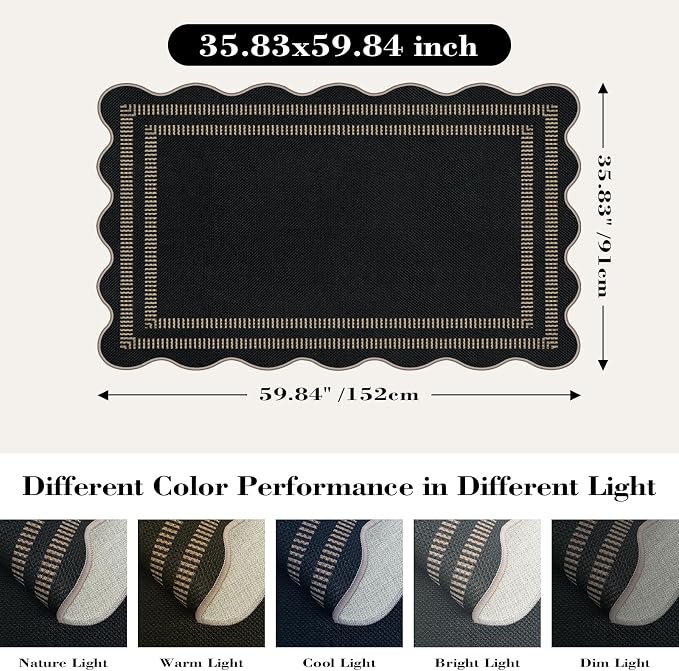 Modern Easy Jute 3x5 Outdoor Patio Rug, Black Washable Rugs for Entryway Indoor Kitchen Rugs, Farmhouse Neutral Non Slip Carpet for Living Room Backyard