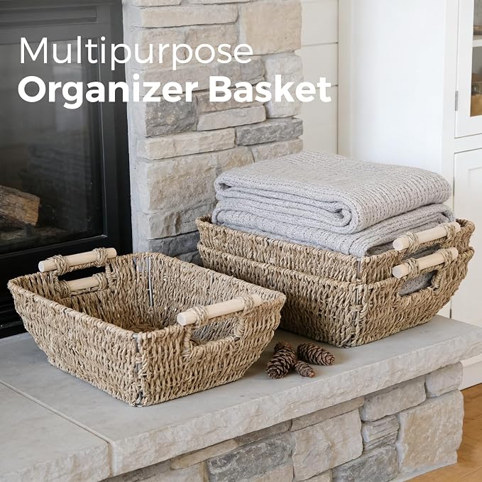 Wicker Baskets with Wooden Handles, Large Seagrass Storage Baskets