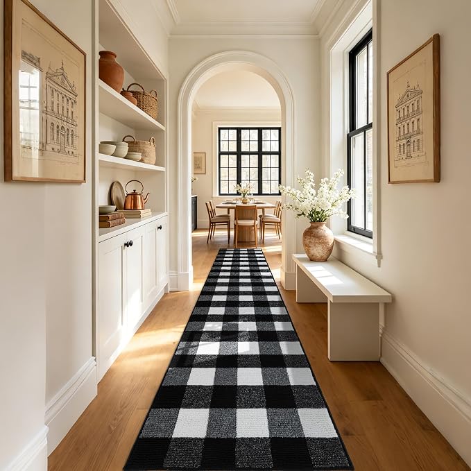 FONEYI Buffalo Plaid Outdoor Rug for Front Door Mats, 2'x10' Black and White Checkered Layered Door Mat with Non Slip Backing, Washable Entryway Rug for Porch, Front Porch and Farmhouse Decor