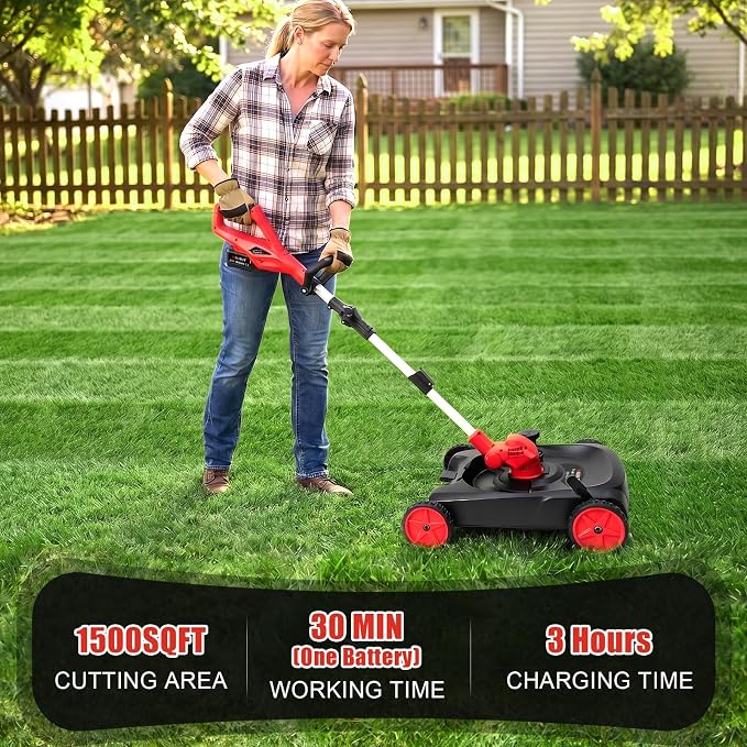 4-in-1 Cordless Lawn Mower, Weed Eater and Edger Combo, Adjustable Height & Angle, Electric String Trimmer with Wheels Grass Trimmer for Garden Yard (2x4.0Ah Battery & Charger Included)