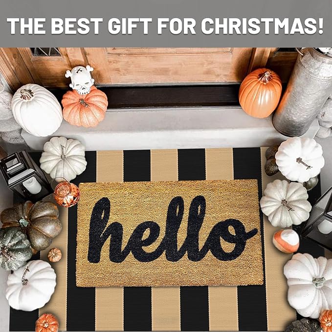 IOHOUZE Black Tan Striped Rug 27.5" X 43" Front Door Mats Outdoor, Washable Rug for Front Porch Decor, Spring Summer Welcome Mats Outdoor Indoor, Doormat for Farmhouse/Entryway/Home Entrance