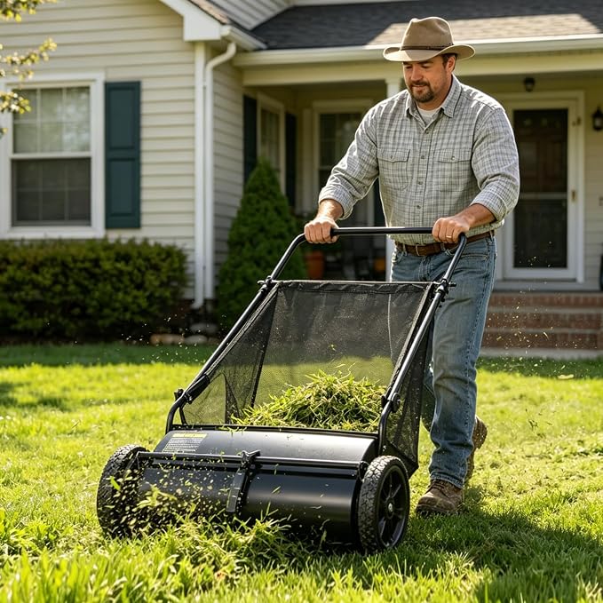 Push Lawn Sweeper, 26 in Grass Sweeper Leaf Collector with 7 Cu.ft Mesh Bag, Yard Sweeper with Adjustable Brush Height and 4 Spinning Brushes for Cleanup, Lawn Care Equipment