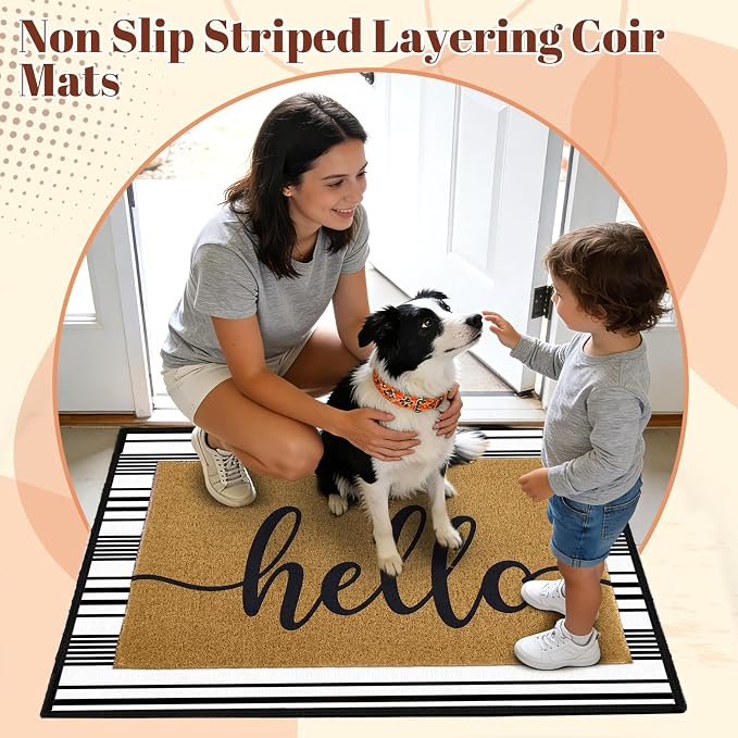 2pcs Layered Doormat Set, Welcome Door Mat for Outdoor Front Door, 16x24 PVC Coil & 24x32 Crystal Velvet Non-Slip Layering Entry Mats for Farmhouse Porch Decoration（Hello, Striped）