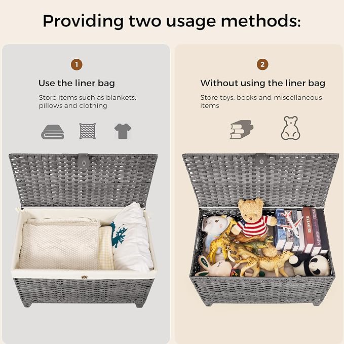 Wicker Storage Basket with Lid, 160L Shelf Basket with Removable Liner Bag | Rattan-Inspired Woven Design, Elevated Feet, Storage Trunk for Wardrobe, Bedroom & Home Organization