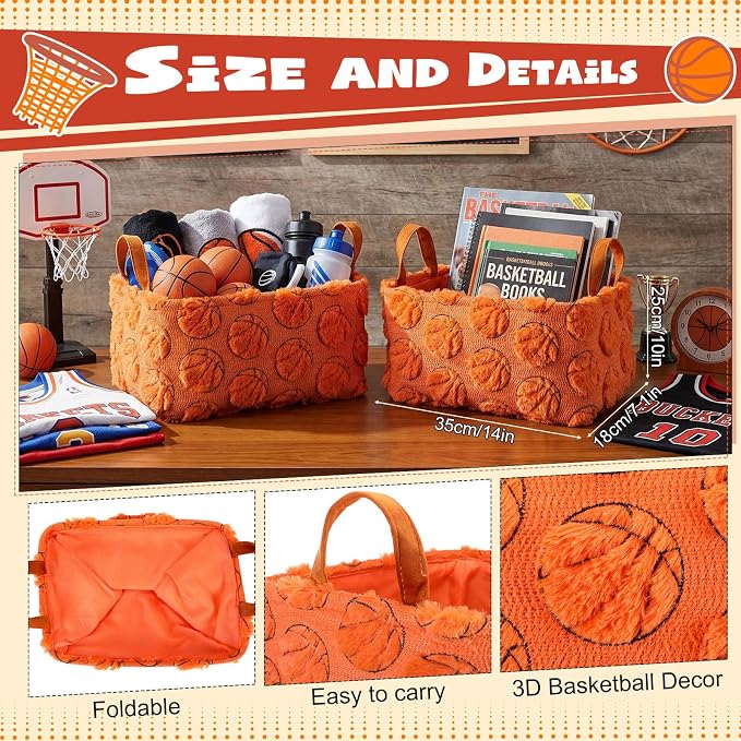 2 Pcs Basketball Storage Basket 14x10'' Back to School Gift Basket | Sport, Foldable, Fluffy, Laundry, Storage Bin with Handle, Closet Organizer, Preppy Dormitory, Countertop Tabletop Shelf