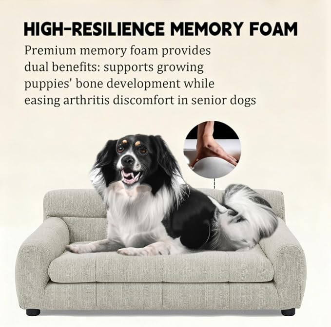 38" Dog Sofa Couch Bed for Small, Medium, Large Dogs, Soft Memory Foam Pet Sofa with Durable Linen Fabric, Comfortable Pet Couch with Backrest and Armrests, Easy to Clean and Maintain（Beige）
