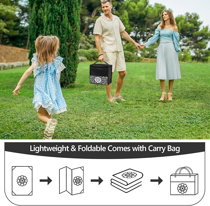 Round Outdoor Rugs for Patios, 8Ft Waterproof Reversible Plastic Straw Mat with Carry Bags, Boho Lightweight Outdoor Carpet Portable Round Floor Mat for Patio Camping Picnic Backyard RV,Black & White