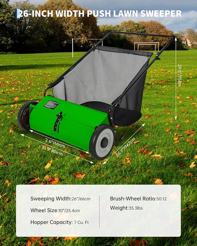 26-Inch Push Lawn Sweeper, 7 Cu. Ft. Hopper Capacity Leaf & Grass Collector with 4 Spinning Brushes, Adjustable Height, for Grass Clippings, Leaves & Debris, Green