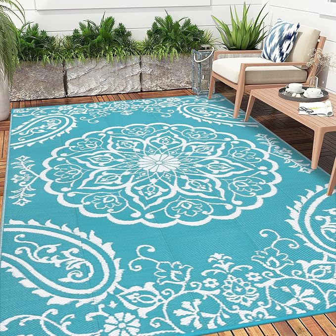 Pauwer Reversible Outdoor Rug, 6'x9', Waterproof Polypropylene Patio Mat, RV, Balcony, Deck, Beach, Picnic | Reversible Patio Rug, UV Resistant Indoor Outdoor RV Mat Carpet For Deck, Camper, Porch, Balcony, Backyard, Picnic, Foldable