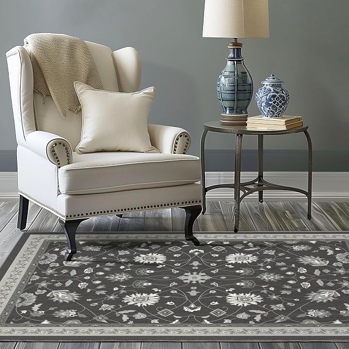 EVERGRACE Area Rugs for Living Room 4x6, Boho Floral Faux Wool Indoor Outdoor Rugs, Washable Rugs for Bedroom Entryway Dining Room Hallyway, Low Pile Floor Mat Carpet for Home Decor, Ebony Black