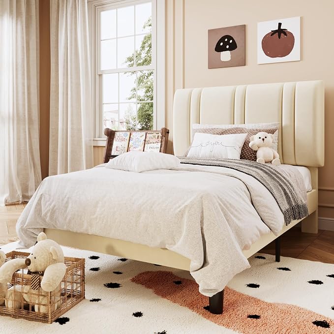 SHA CERLIN Twin Size Velvet Bed Frame with Adjustable Headboard, Cream | Vertical Channel Tufted Design, Upholstered Platform Bed, Wood Slats Support/No Box Spring Needed/Easy Assembly