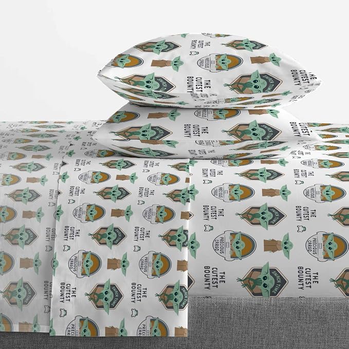 Star Wars Mandalorian Full Size Comforter Set 5 Piece Kids Bedding, Gray | Grogu Baby Yoda, Comforter Sheets Pillowcases, Official Product, Soft Microfiber, Machine Washable, Easy Care, Kids Gift