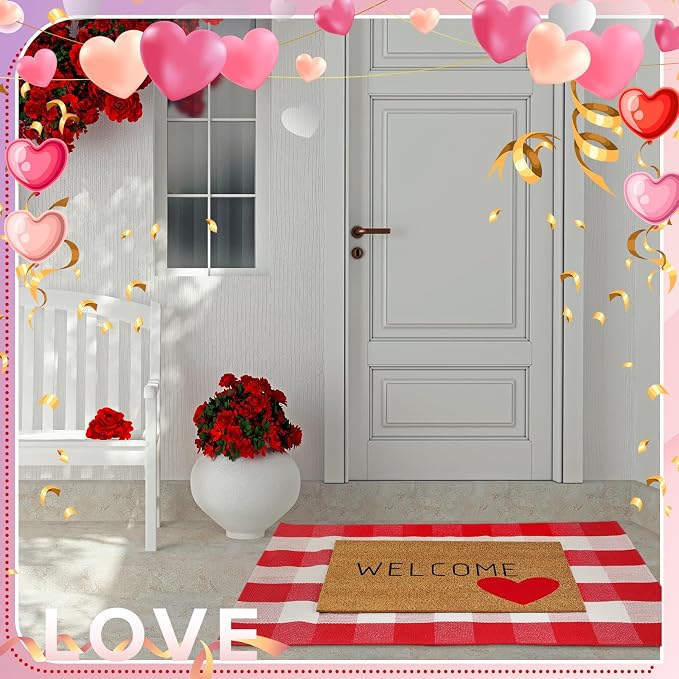 Moucuny 2 Pcs Valentine's Day Coir Welcome Doormat Valentine's Day Rug Outdoor Layered Buffalo Plaid Red and White Mat Red Heart Mat for Front Porch Entryway Outdoor