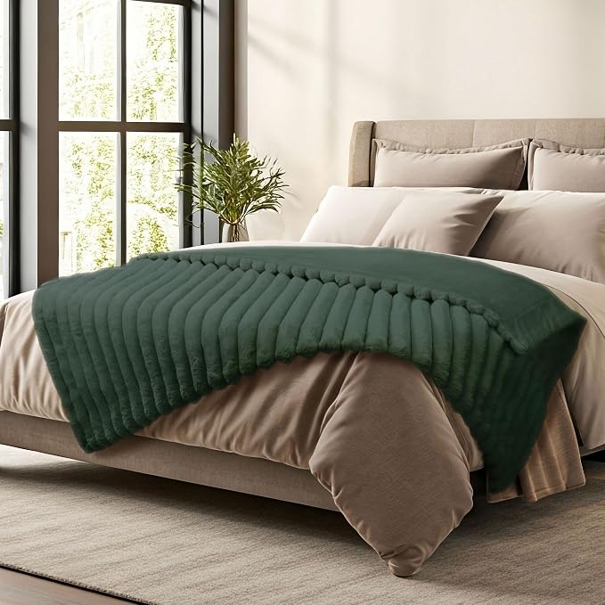 DEZ FURNISHINGS Luxury Reversible Textured Stripe Faux Fur & Velvet Throw Blanket, Throw XL (50" x 70"), Deep Forest Green