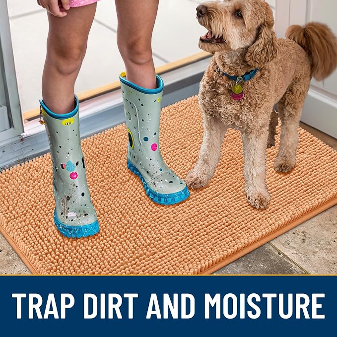 Smiry Dog Door Mat for Muddy Paws 47x24, Absorbent Dirt Trapper, Non-Slip Washable Chenille Entryway Rug for Inside Floor, Orange, Classic Solid