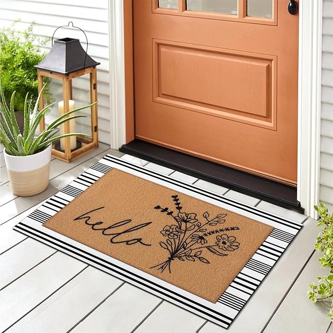 Tinideya 2 Pcs Farmhouse Welcome Mats for Front Door, Hello Floral Layered Doormat Set with Black White Striped Rug, Front Porch Rug Set for Entryway Patio Outdoor Decor