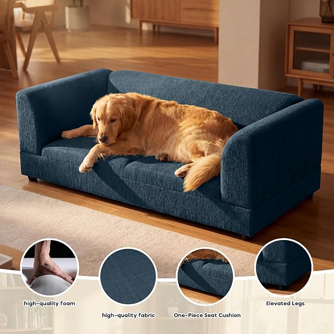 56.5" Dog Sofa Couch for Medium and Large Dogs with Backrest and Armrest, Memory Foam Dog Sofa Bed, Modern Elevated Pet Couch Bed with Legs for Dogs, Blue