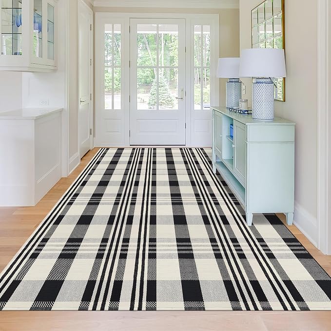 Buffalo Plaid Rug 5x8 Cotton Woven Rug Black and Off White Checkered Outdoor Rug Front Porch Decor Washable Indoor Outdoor Area Rug for Living Room Bedroom Dining Room Patio Farmhouse Carpet