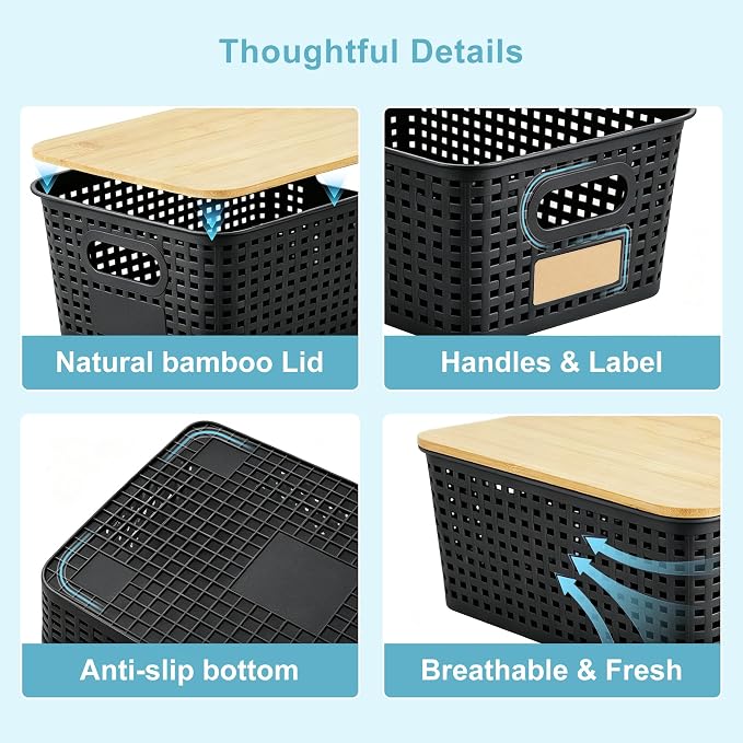 Bagnizer Small Plastic Storage Bins with Bamboo Lids 5.2qt Stackable Box Basket Pantry Decorative Containers Cute with Lable for Organizing Desktop Closet Office Black of 6 packs 10 * 7.2 * 4.1"