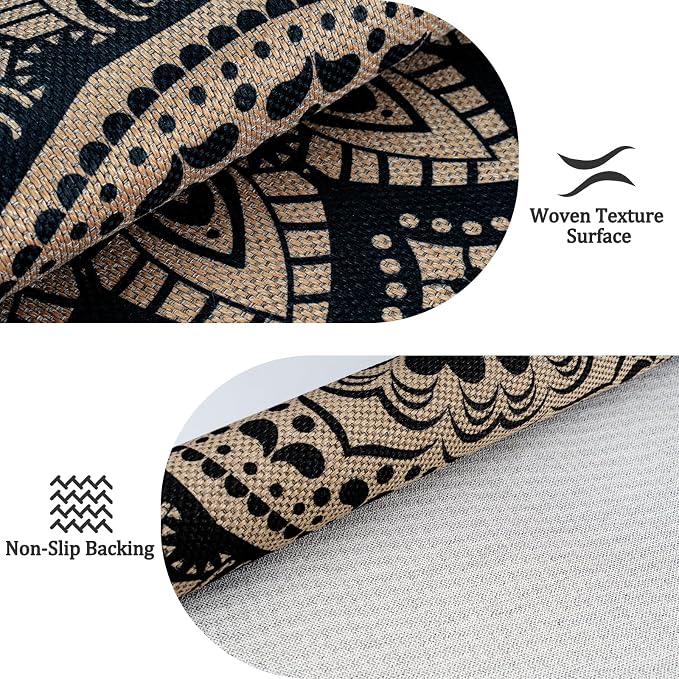 Faux Jute Outdoor Round Rug, 6ft Washable Indoor Outdoor Patio Rug, Black Non Slip Round Area Rug Farmhouse, Boho Carpet for Backyard Patio